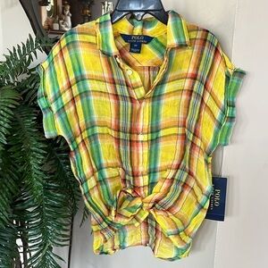 Brand New Polo Ralph Lauren Yellow Plaid Button Up Blouse Short Sleeve Tie Top